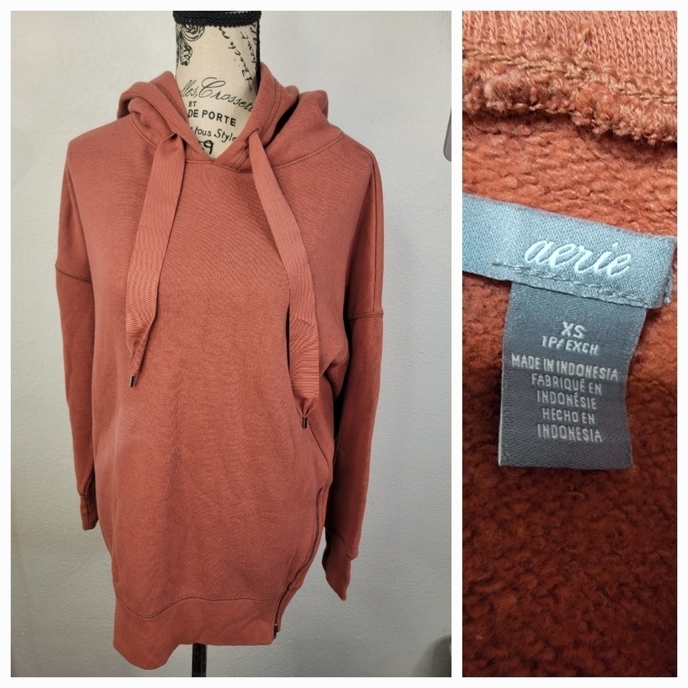 Aerie Hooded Sweater XS Side Zip Slits Oversized Relaxed Drawstring Orange